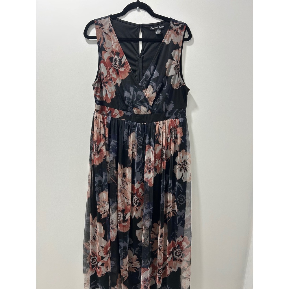 Candalite Petite Floral Mesh Maxi Dress Black PXL Sleeveless V-Neck Empire Waist